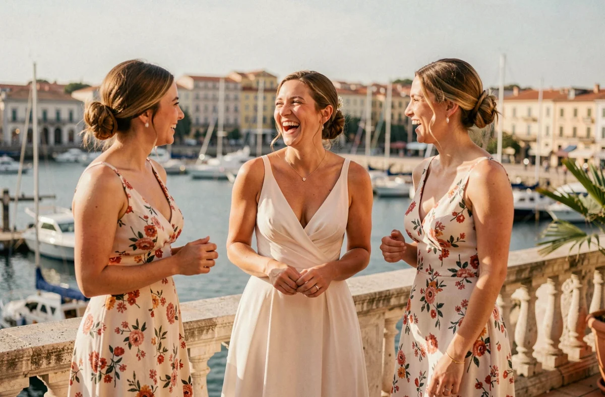 Mariée et demoiselles d'honneur riant sur une terrasse avec vue sur le Vieux-Port de Marseille