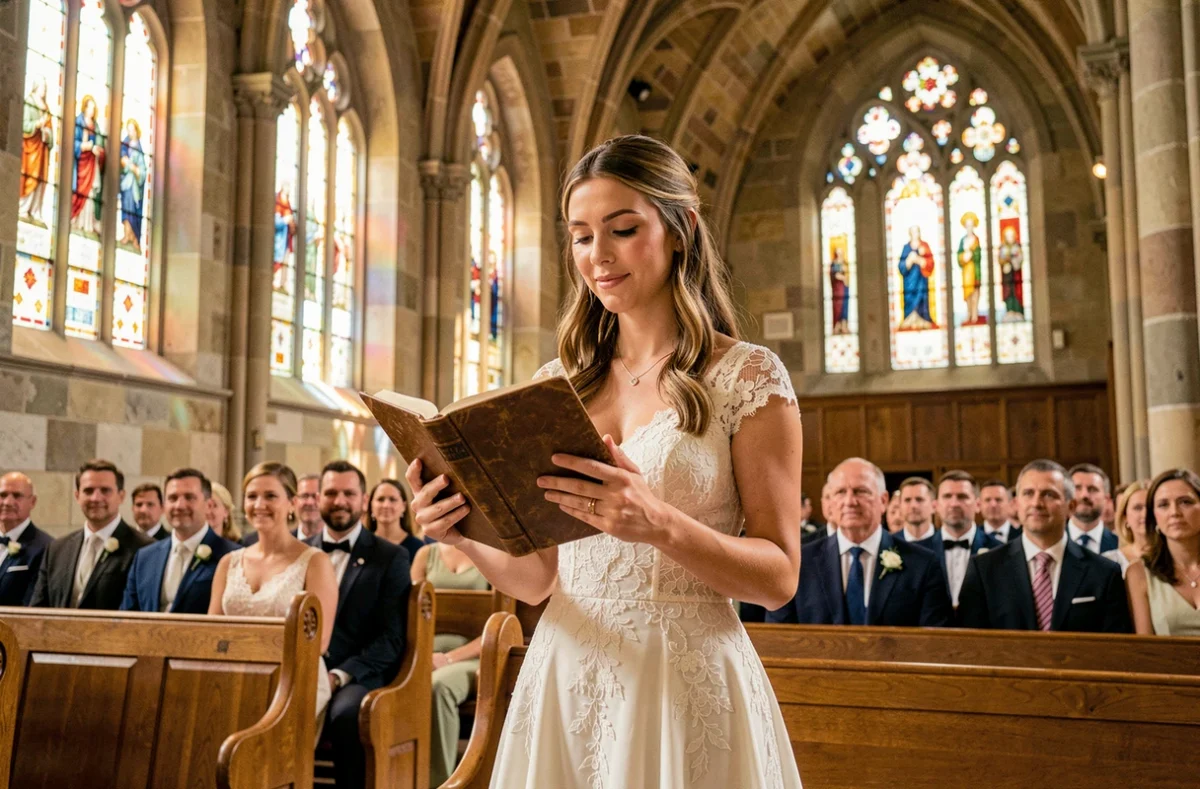 Mariée lisant un poème lors d'une cérémonie de mariage dans une église en pierre avec vitraux colorés