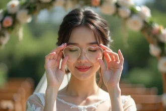 Mariée tenant des lunettes en forme de cœur en or rose lors d'une cérémonie laïque en plein air