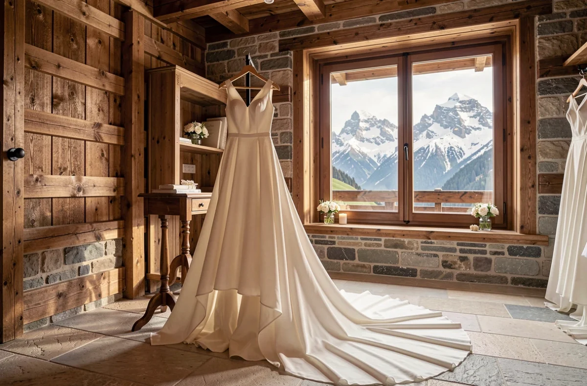 Robe de mariée en soie exposée dans la boutique Mariées des Alpes avec décor chalet et vue sur les montagnes de Savoie