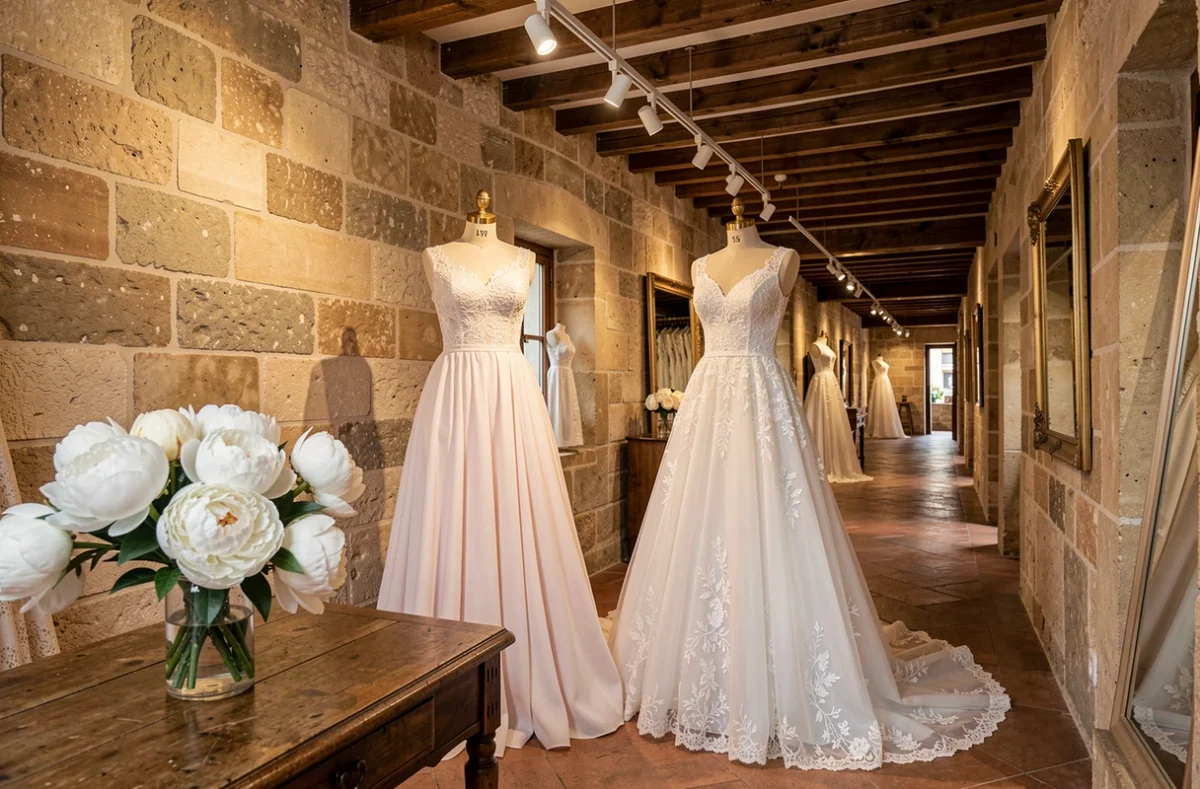 Robes de mariée exposées dans la boutique Mariées du Rhône avec décor en pierre et poutres en bois à Lyon