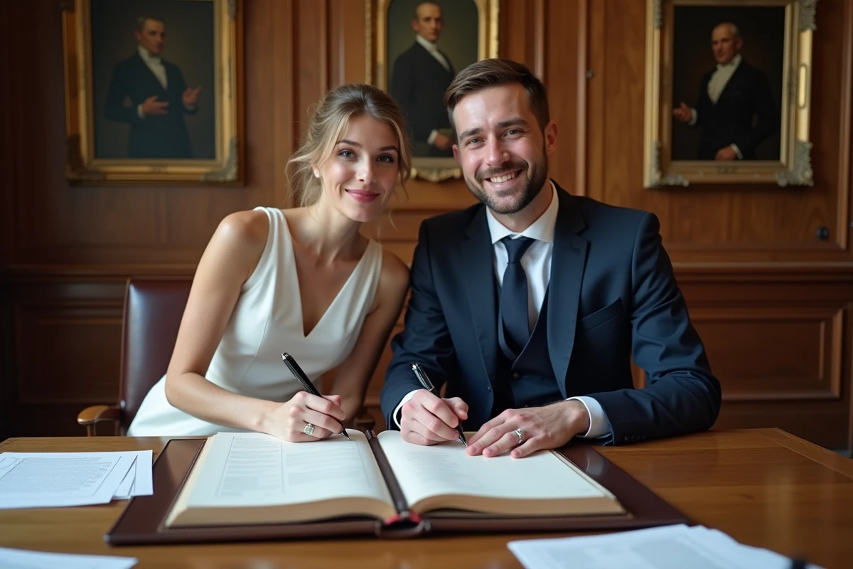 Mariés signant le registre officiel lors de la cérémonie de mariage à la mairie en France