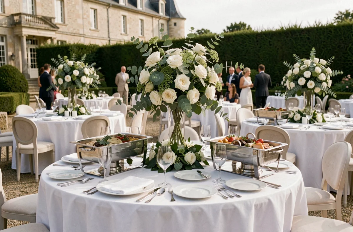 Vue panoramique d'un mariage élégant dans les Yvelines avec buffet traiteur et tables dressées dans un jardin de château