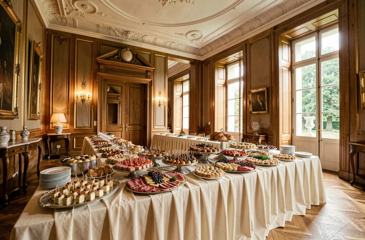 Buffet de cocktail mariage dressé par Mercier Réception dans un salon de réception classique avec parquet et moulures