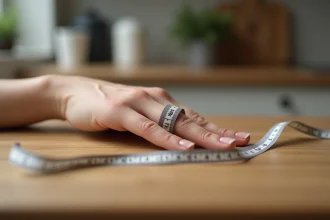 Femme mesurant son tour de doigt avec un mètre ruban souple sur une table en bois