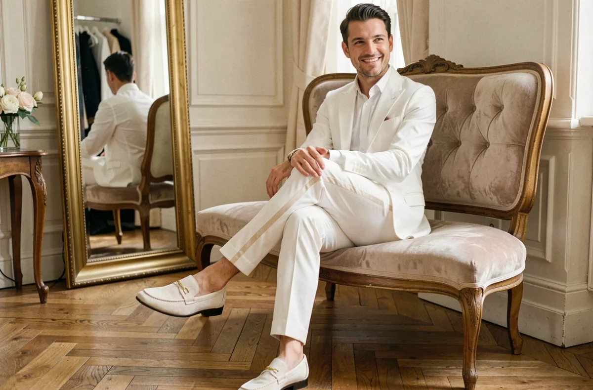 Marié décontracté portant un mocassin blanc en daim dans un salon haussmannien lors de la préparation du mariage