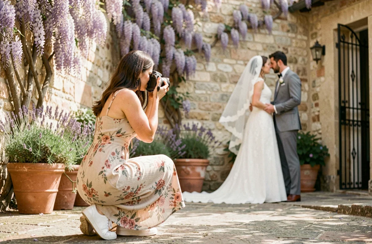Photographe Mya Photography en action lors d'un mariage sur une terrasse en pierre de la région bordelaise