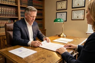 Notaire en costume sombre examinant un contrat de mariage avec un couple dans un bureau juridique traditionnel