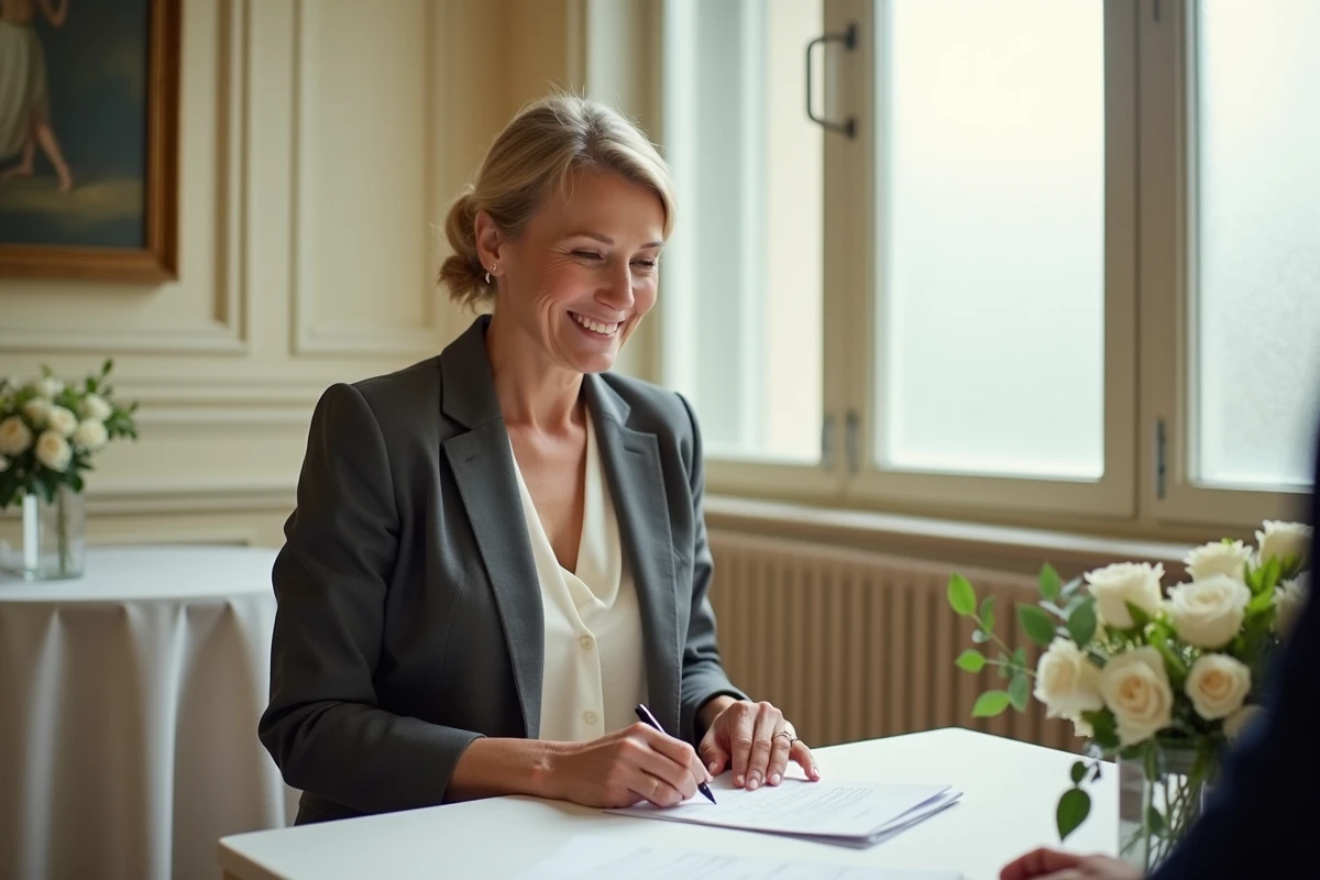 Femme officiant un mariage civil dans une salle municipale en lisant ses notes manuscrites avec un sourire bienveillant