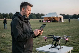 Opérateur de spectacle de drones professionnel consultant une tablette sur le terrain avant un événement