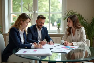 Organisateur de mariage avec couple dans un bureau lumineux
