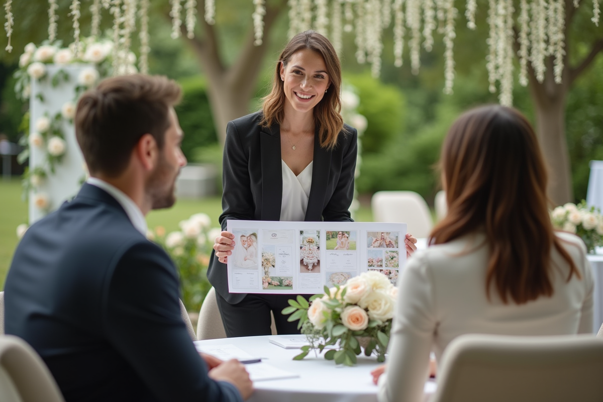 Wedding planner montrant un mood board à un couple dans un jardin
