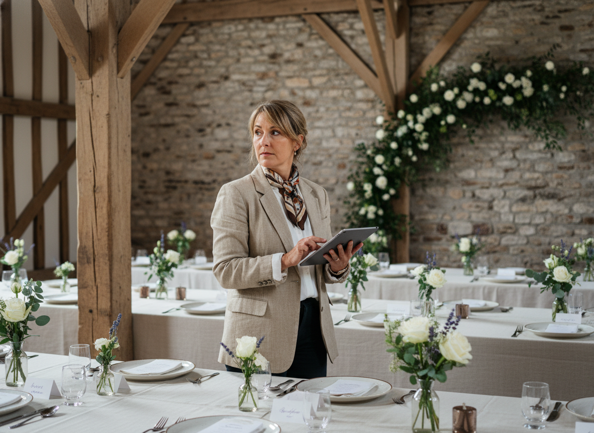 Femme planificatrice de mariage dans une grange rustique