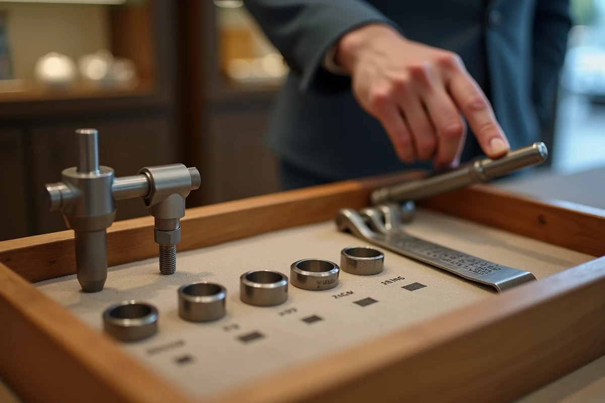 Outils professionnels de mesure de tour de doigt dans une bijouterie, avec mandrin et bagues calibreuses