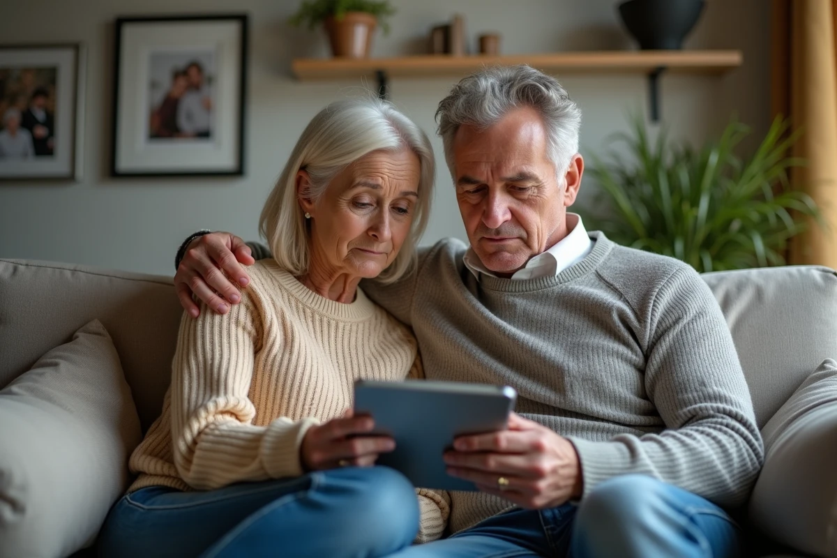 Parents âgés regardant une tablette dans leur salon