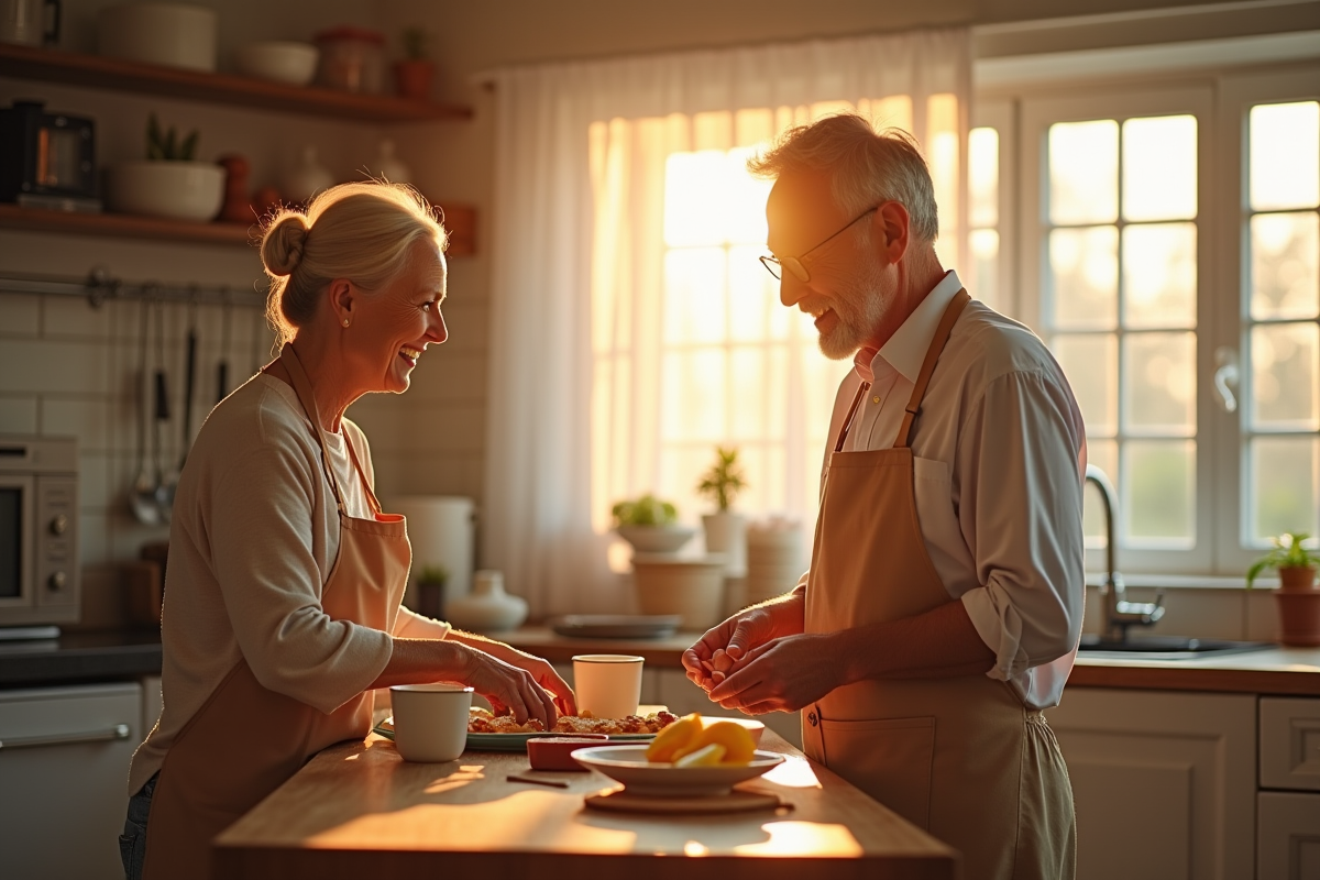 Vieux couple préparant le petit déjeuner dans une cuisine lumineuse