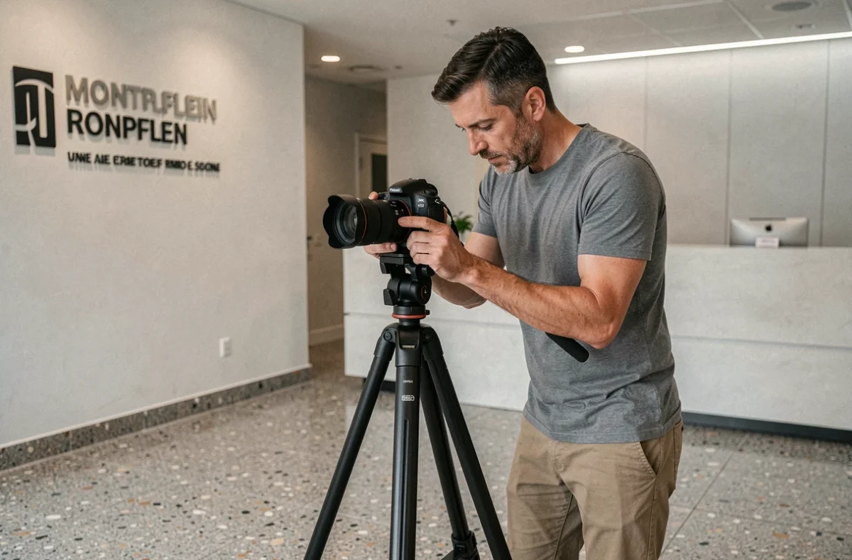 Photographe commercial installant son équipement dans un bureau moderne à Montpellier