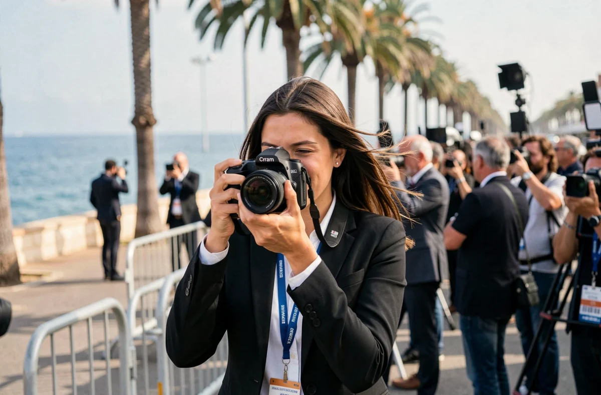 Photographe femme accréditée sur la Croisette lors du Festival de Cannes avec la mer en arrière-plan