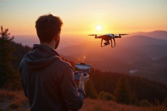 Photographe professionnel utilisant un drone au lever du soleil