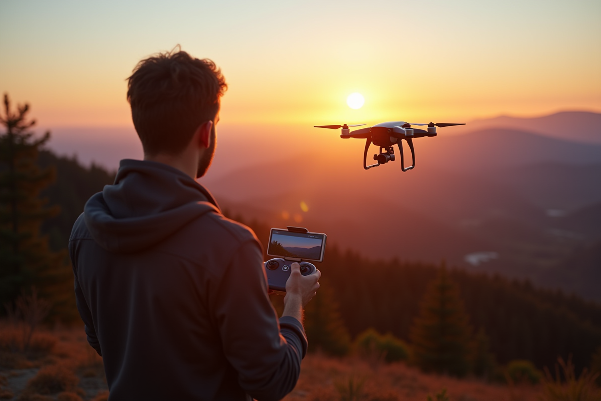 Photographe professionnel utilisant un drone au lever du soleil
