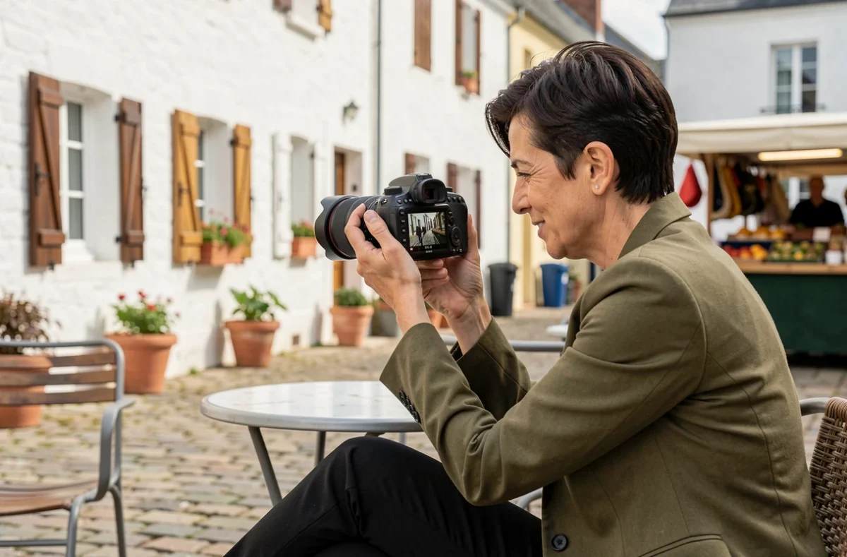 Photographe professionnelle féminine consultant ses photos sur une terrasse de café à Pontchâteau
