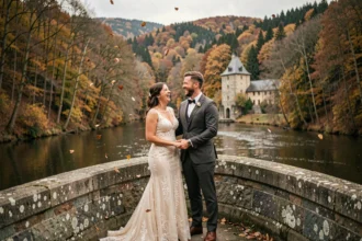 Couple de mariés souriant sur un pont en pierre au cœur des forêts ardennaises en automne