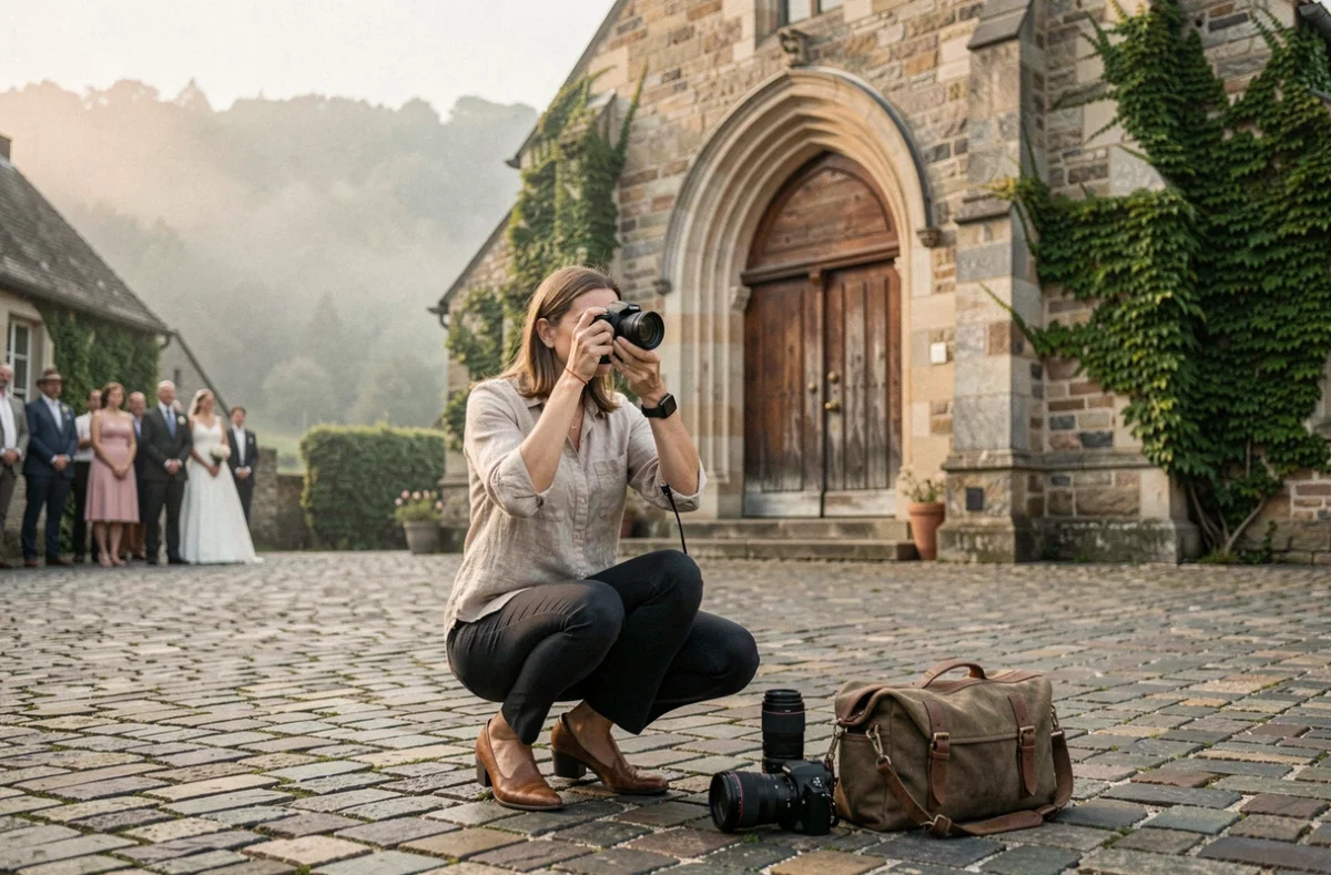 Photographe de mariage professionnelle en action devant une église en pierre dans un village ardennais