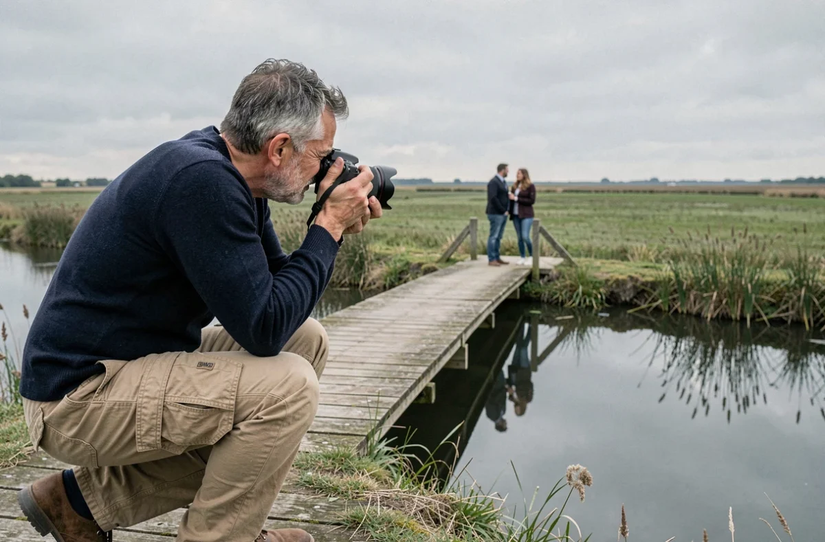 Photographe professionnel en action dans le marais de Brière près de Pontchâteau lors d'une séance photo de couple