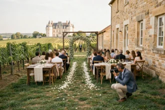 Photographe de mariage en Gironde capturant une cérémonie en plein air devant un château viticole