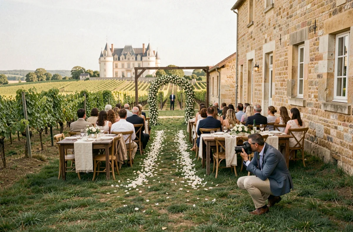 Photographe de mariage en Gironde capturant une cérémonie en plein air devant un château viticole