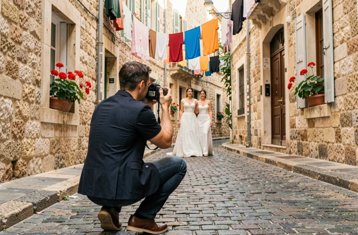Photographe de mariage professionnel en action dans le quartier du Panier à Marseille