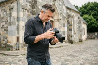 Photographe professionnel masculin réglant son appareil photo devant une église en pierre à Pontchâteau