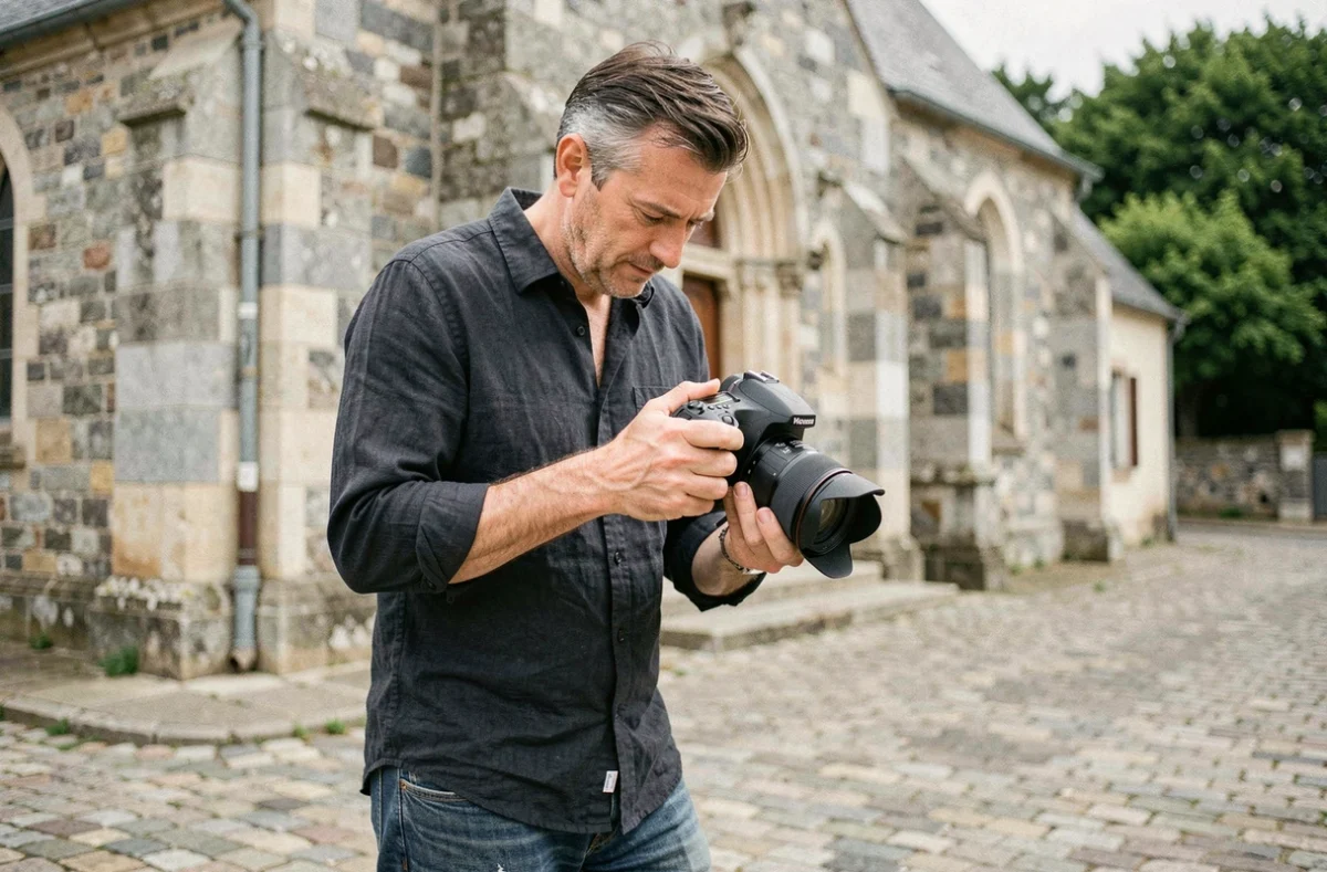 Photographe professionnel masculin réglant son appareil photo devant une église en pierre à Pontchâteau