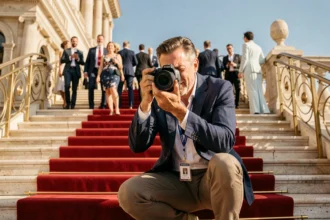 Photographe professionnel accrédité en train de travailler sur le tapis rouge du Festival de Cannes