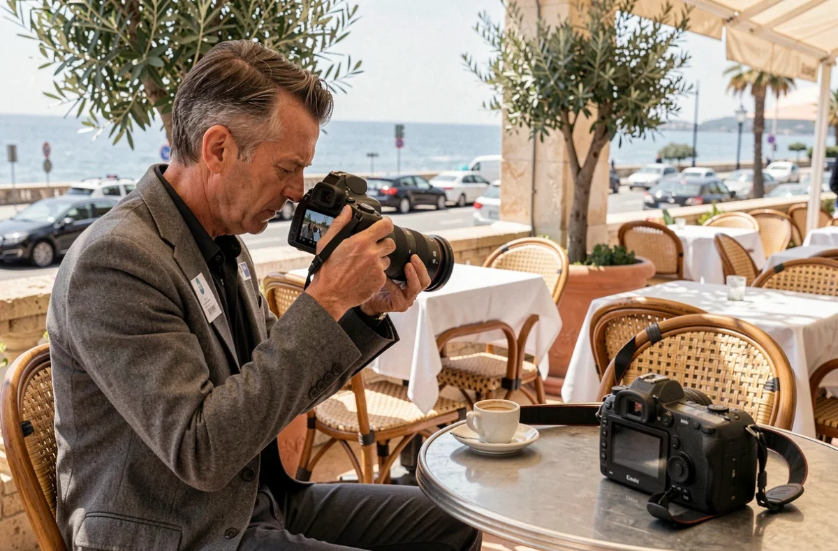 Photographe professionnel révisant ses clichés en terrasse lors du Festival de Cannes