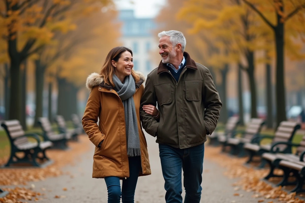 Couple marchant dans un parc automnal avec feuilles dorées