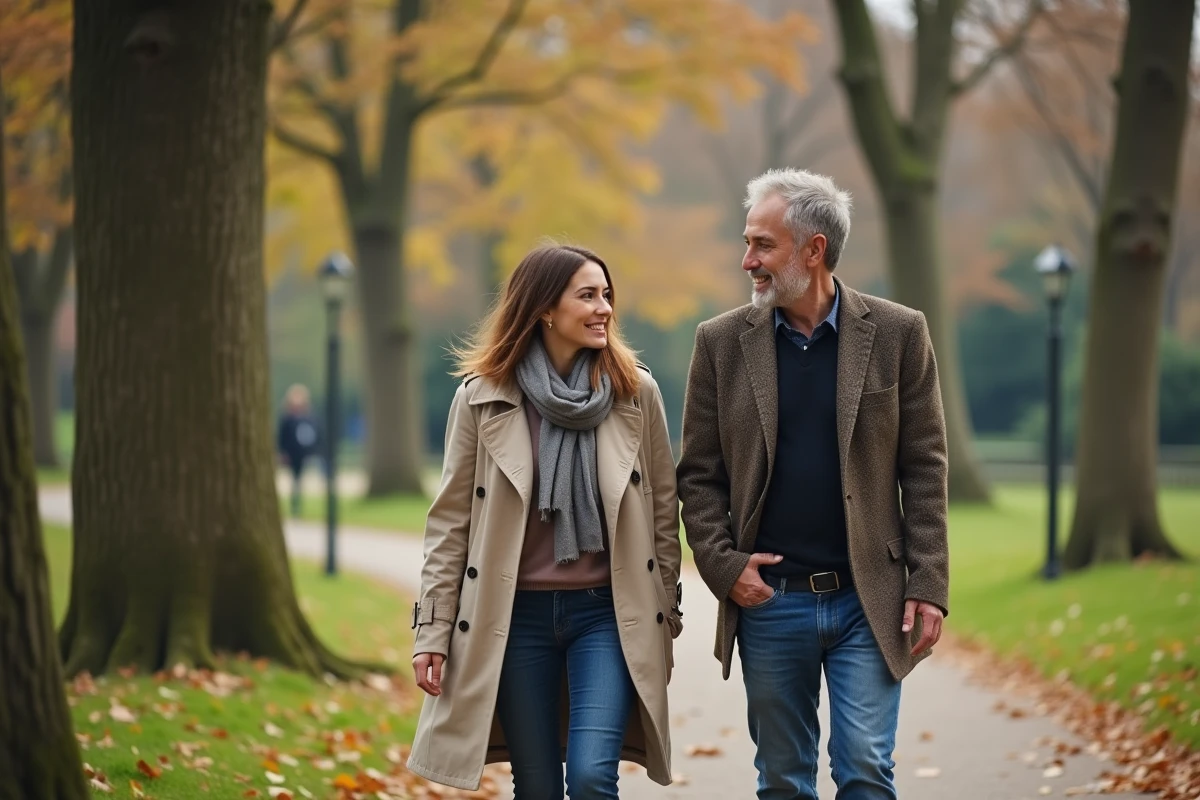 Sophie et son mari se promenant dans un parc parisien en automne