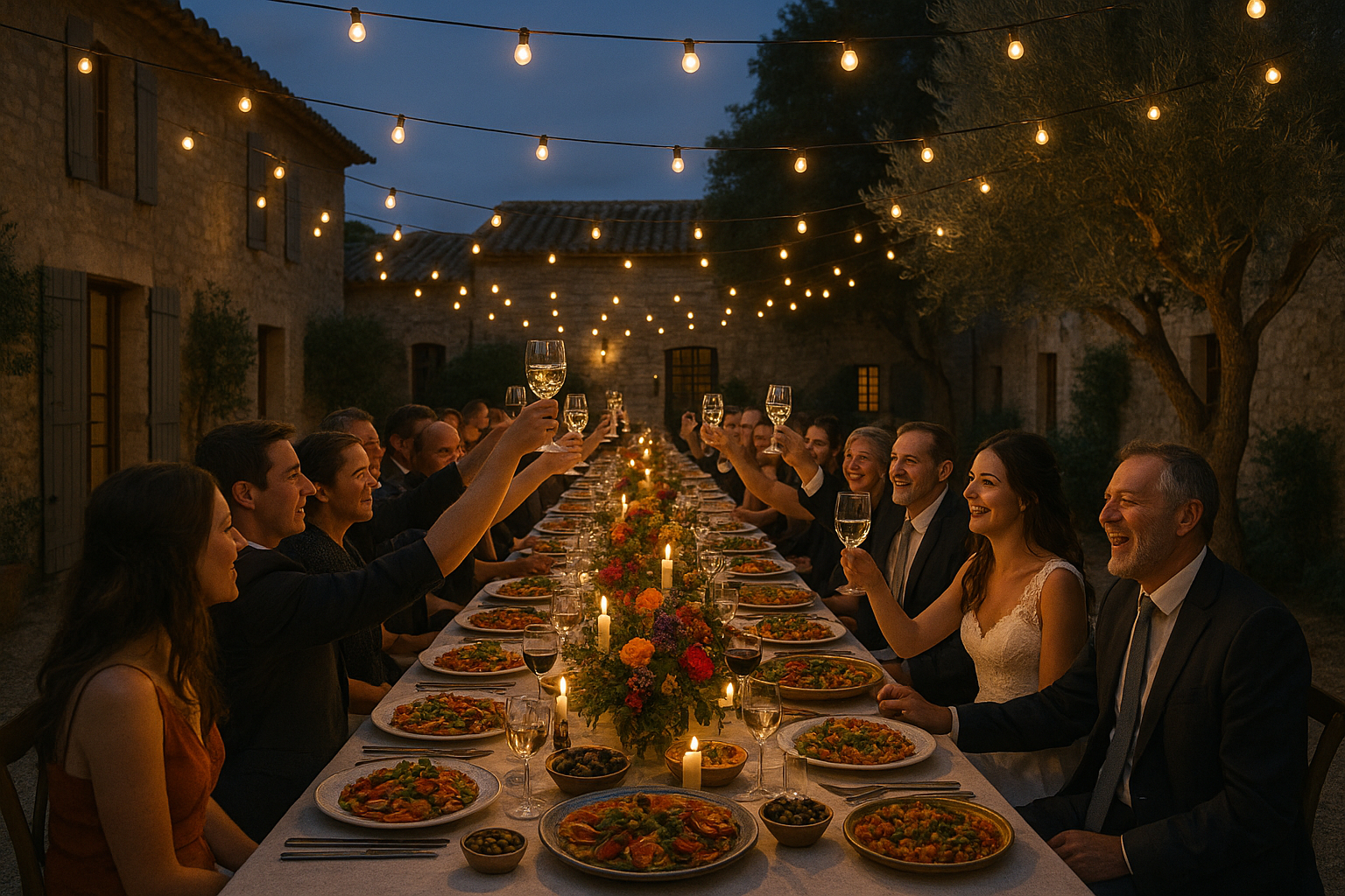 Réception de mariage en soirée dans une cour provençale avec repas méditerranéen