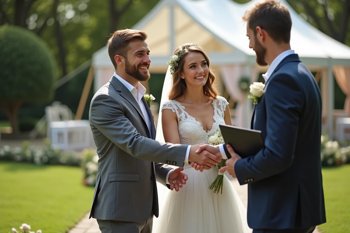 Couple heureux avec organisateur dans un jardin festif