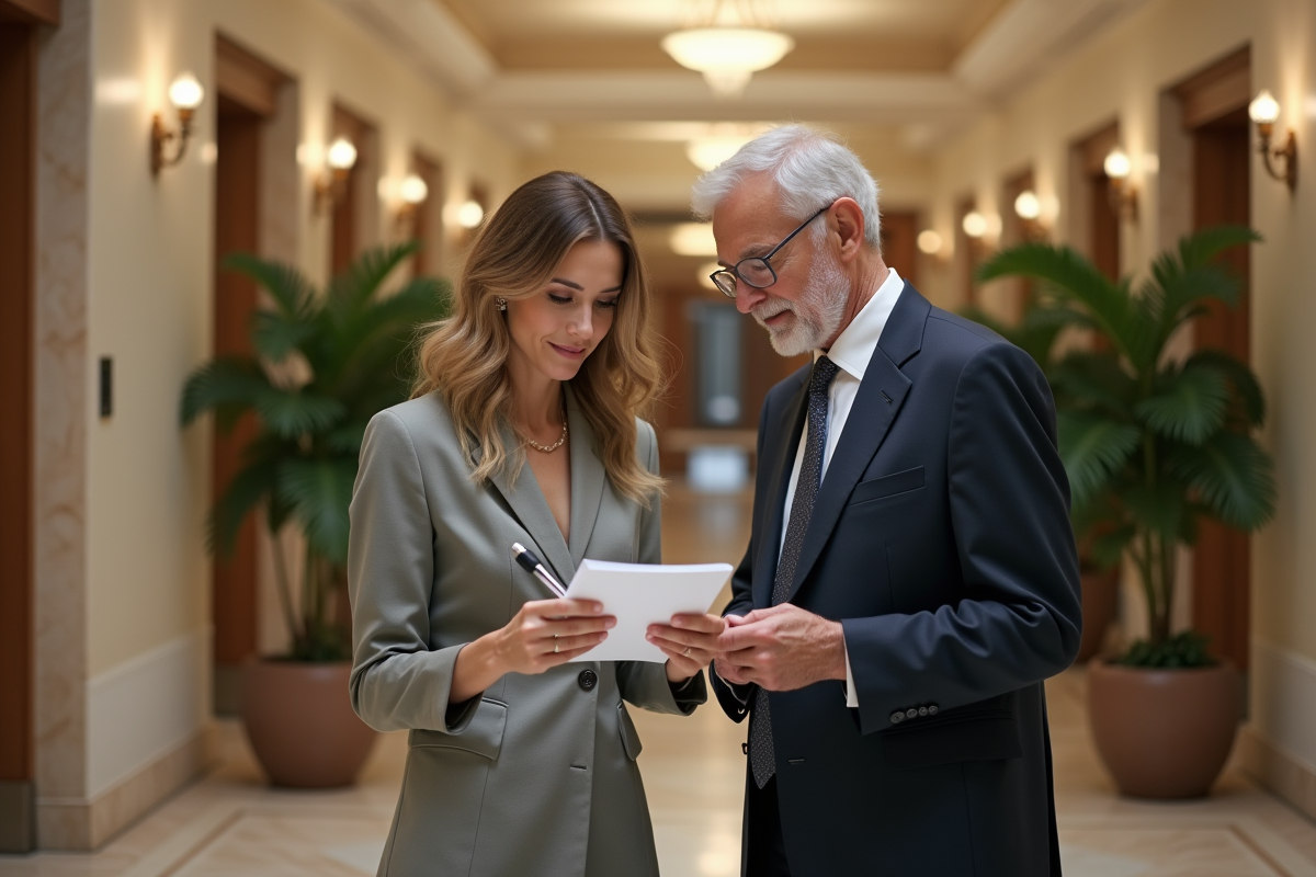 Femme et homme en réunion dans un hall d