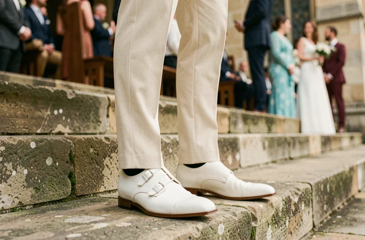 Richelieu blanc homme porté sur des marches en pierre lors d'un mariage en extérieur