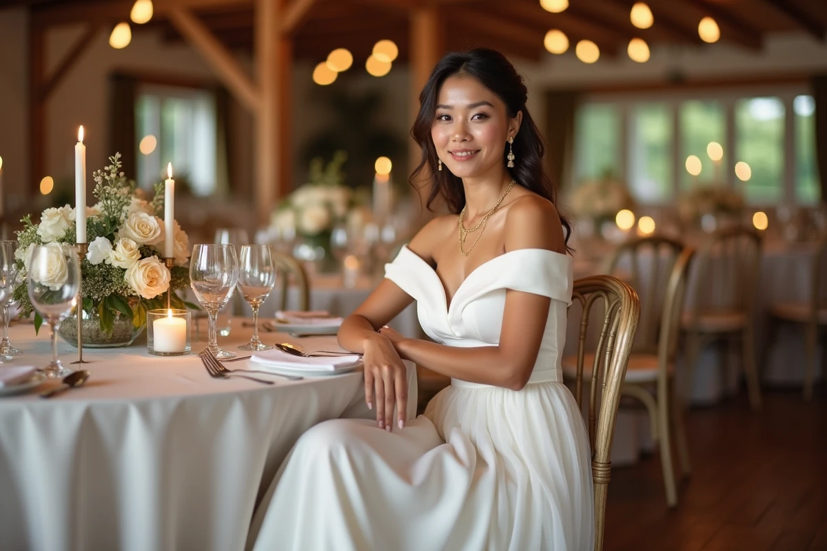 Invitée de mariage en robe blanche fluide assise à une table de réception décorée avec des fleurs et des bougies