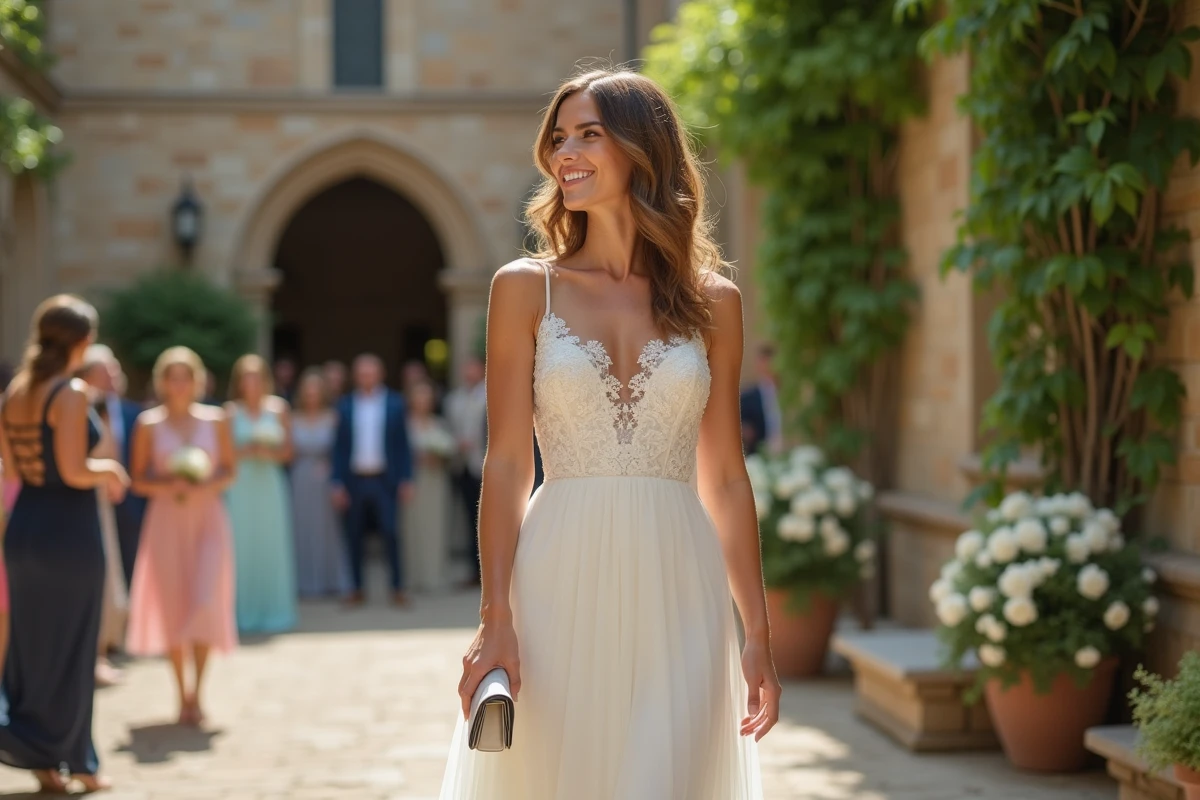 Femme en robe blanche ivoire dentelle à un mariage, posant dans une cour d'église décorée de fleurs