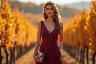 Femme en robe bordeaux mi-longue avec dentelle dans un vignoble en automne pour un mariage