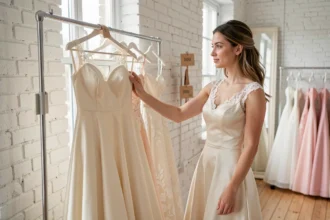 Jeune femme essayant une robe de mariée ivoire élégante dans une boutique de mariage à petit prix