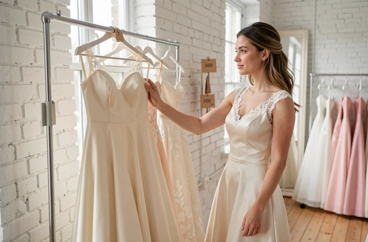 Jeune femme essayant une robe de mariée ivoire élégante dans une boutique de mariage à petit prix