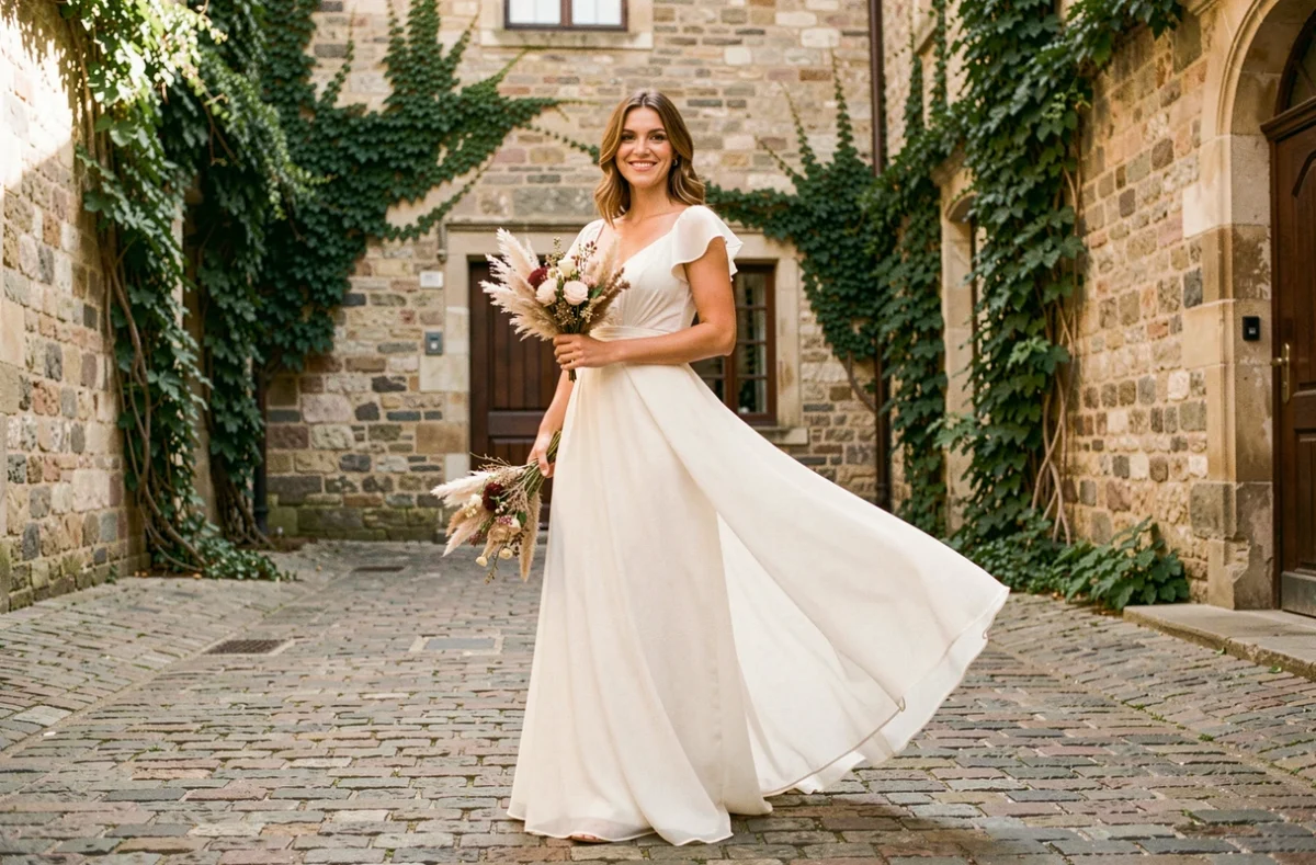 Mariée en robe de cérémonie blanche chiffon dans une cour pavée européenne avec bouquet de pampa