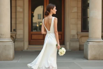 Femme en robe de mariée civile ivoire avec dentelle et boutons nacre devant une mairie parisienne haussmannienne