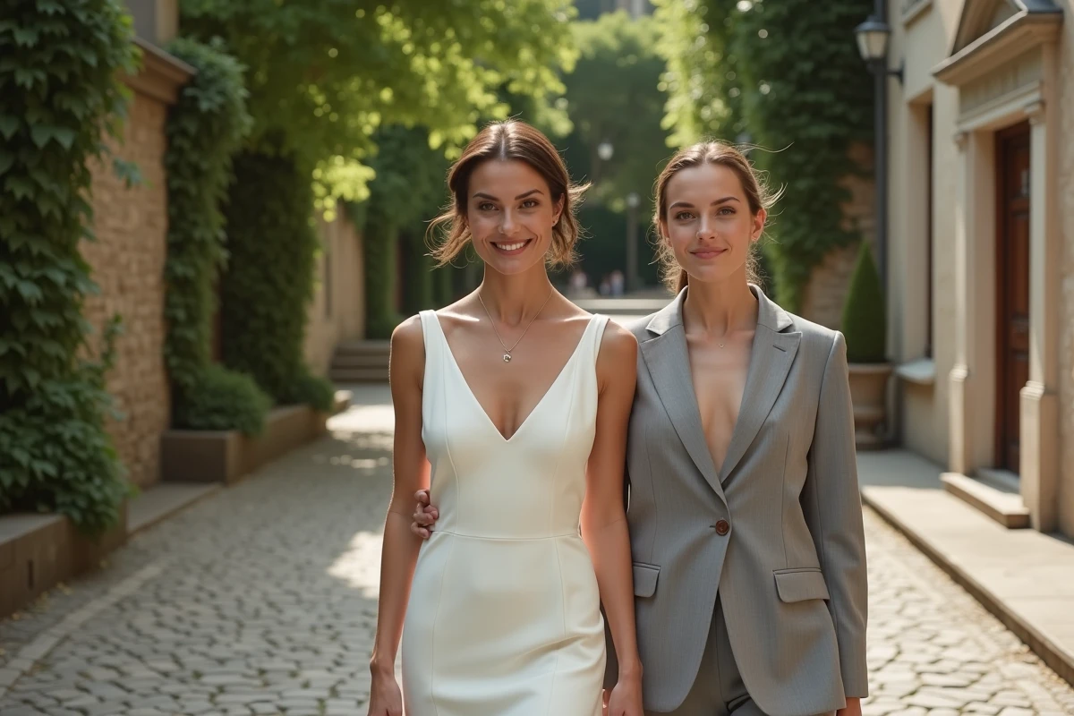 Deux femmes en tenue de mariage civil chic marchant sur des pavés devant une mairie en pierre avec porte en bois vintage