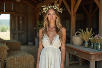 Mariée en robe mi-longue ivoire avec couronne florale champêtre dans une grange rustique décorée de fleurs sauvages et de bois patiné